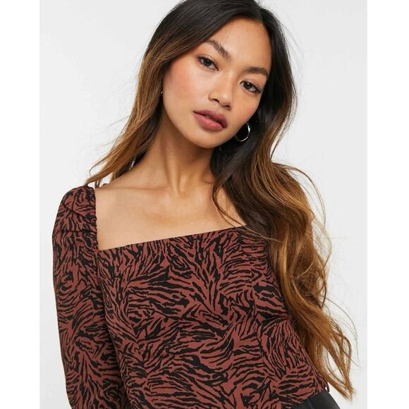 & Other Stories Brown Smocked Animal Zebra Print Square Long Sleeve Crop Top 0 - Picture 2 of 9